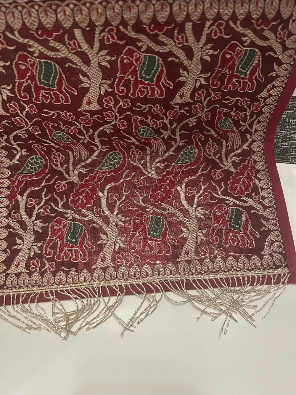 Embroidered Tapestry Wall Hanging with Elephants & Peacocks Gold, Red, Green